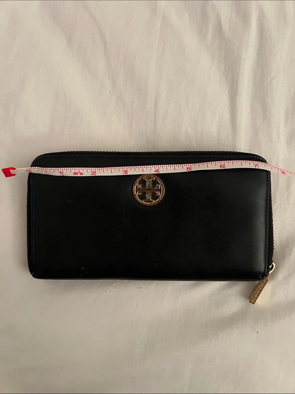 Tory Burch Black Leather Zip-Around Wallet with Gold Logo